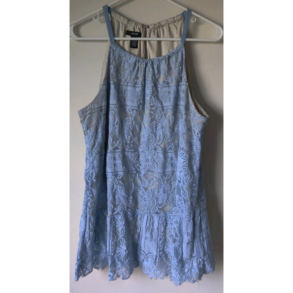 Alfani Light Blue Lace Sleeveless Halter Tank Top Floral Overlay Illusion Sz 14